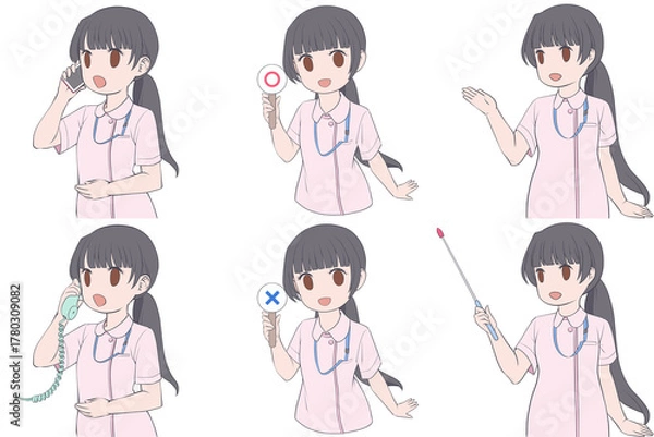 Obraz 電話をかける、マルバツ棒を持つ、案内する若い女性看護師。可愛いナースのクリップアート6点セット