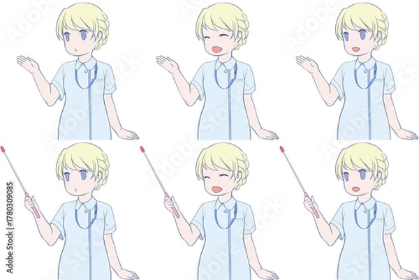 Obraz 案内する女性看護師、指し棒を持つナース服の女性。説明する若い女性のクリップアート6点セット