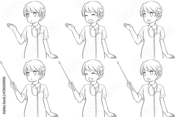 Obraz 案内する女性看護師、指し棒を持つナース服の女性。説明する若い女性の未彩色線画6点セット
