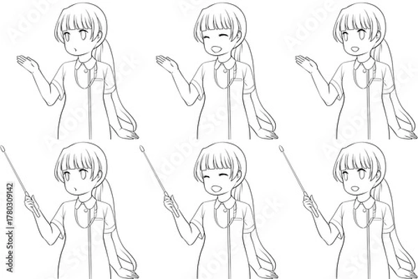 Obraz 案内する女性看護師、指し棒を持つナース服の女性。説明する若い女性の未彩色線画6点セット