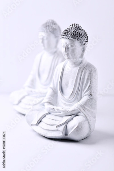 Fototapeta Meditating Buddha Statue on bright background. Soft focus. Copy space	