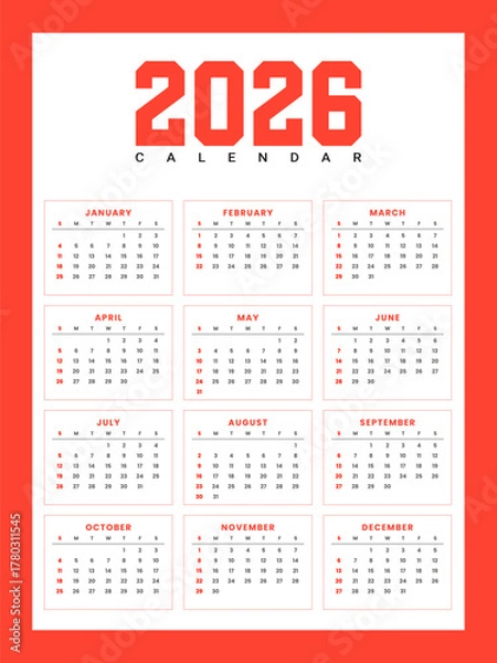 Obraz Minimal 2026 Calendar Design Template in Red and White