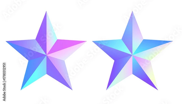 Fototapeta Two gradient iridescent stars on a black backdrop. Pointed shapes with varying hues of blue, pink and purple