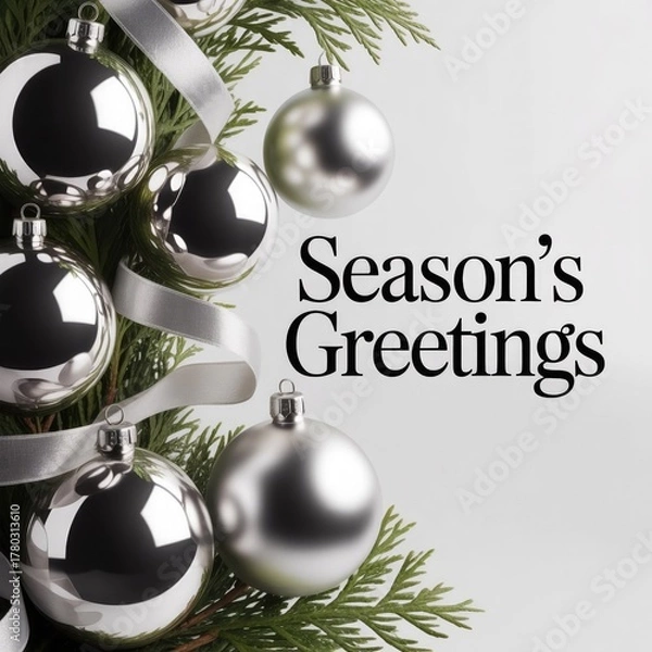 Obraz Elegant Season’s Greetings Image with Silver Christmas Ornaments and Green Pine Branches
