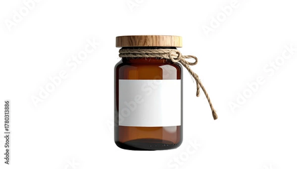 Obraz Amber glass jar with a wood lid wrapped with twine, set against a stark black backdrop
