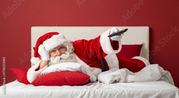 Fototapeta Santa Claus enjoys a humorous moment of well-deserved post-holiday downtime, lounging comfortably in bed with a remote control and ready for some festive entertainment