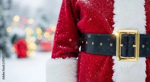 Fototapeta Close-up of Santa Claus red suit with black leather belt and golden buckle in snowy outdoor background