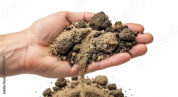 Fototapeta A hand holds soil with a variety of textures and grains Some soil is spilling from the hand to the surface below