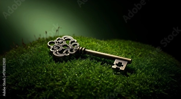 Fototapeta A single, ornate antique brass key on a bed of moss, dark green background, mysterious mood