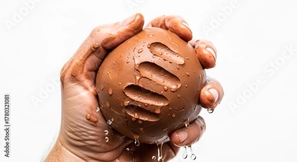 Fototapeta A hand squeezes a mud ball with distinct finger indents against a white background and water droplets drip from it
