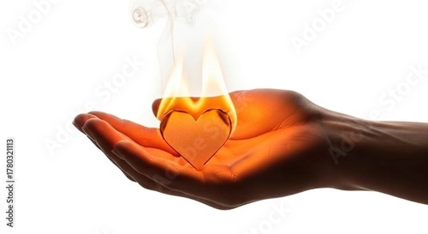 Fototapeta A hand supports a burning heart flames rising with smoke trails