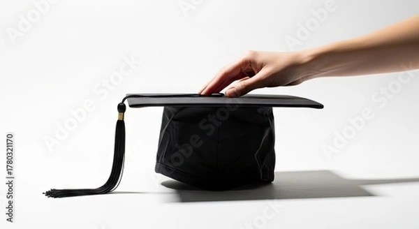 Obraz A hand touches a graduation cap with a black tassel on a white surface casting a shadow