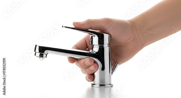 Obraz A hand turning on a faucet with a single drop of water at the taps end