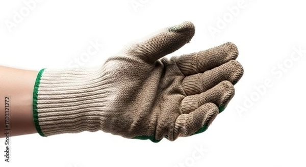 Fototapeta A hand wearing a tan and green gardening glove cupped open