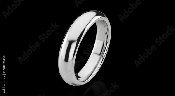 Fototapeta A highly reflective silver ring is centered against a stark black background