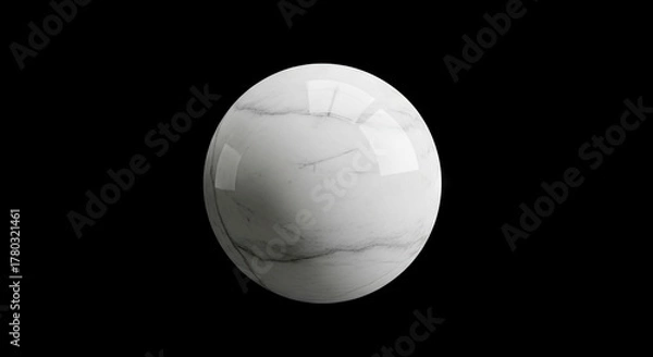 Fototapeta A highgloss white marble sphere with grey veining floats against a solid black backdrop