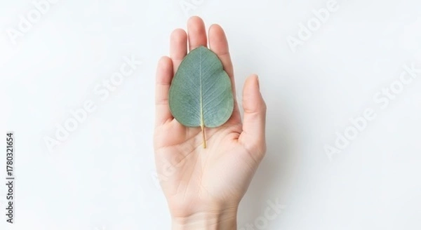Fototapeta A human hand holds a eucalyptus leaf against a white background