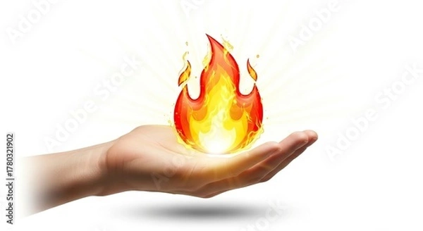Fototapeta A human hand holds a stylized flame emitting light against a white background