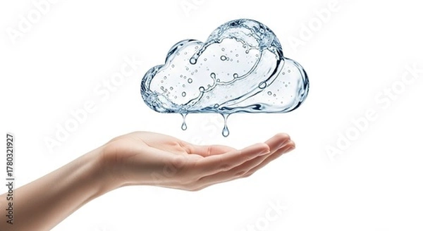 Fototapeta A human hand holds a water cloud shape with droplets against a white background