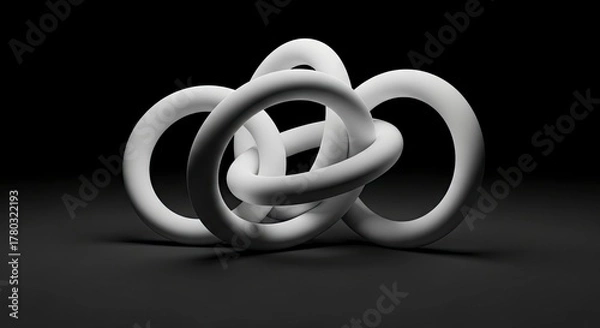 Fototapeta A knot of interconnected white ringshaped forms against a black background