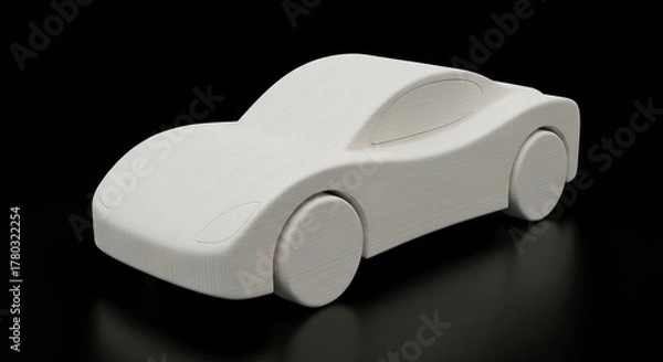Obraz A light wood toy car with a smooth rounded design sits on a black reflective surface