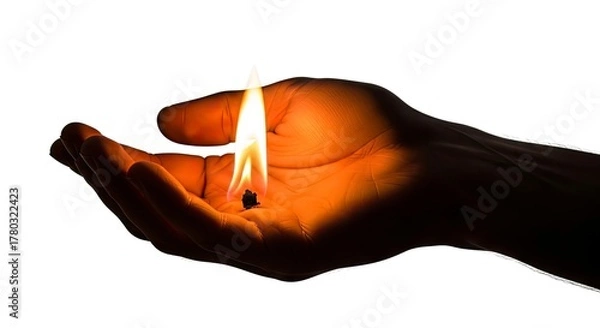 Obraz A lit flame rests on an open hand bathing the palm in orange light against a white background