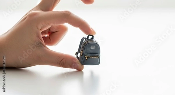 Fototapeta A miniature gray backpack held between fingers on a white surface