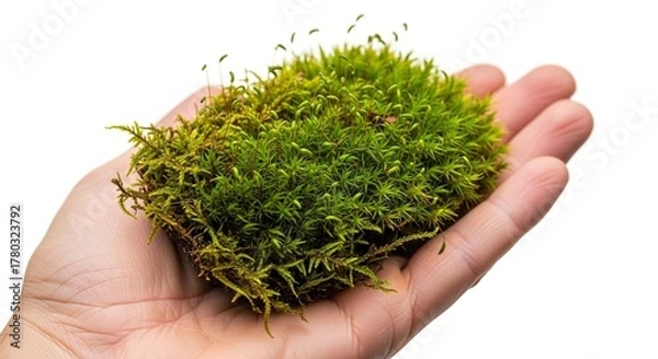 Fototapeta A moss clump rests on a hand greenery contrasting against skin tones