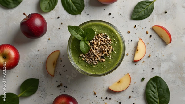 Fototapeta Perfectly arranged green power smoothie composition topped with sesame seeds and mint leaf presented in flat lay style. Food and recipe concept