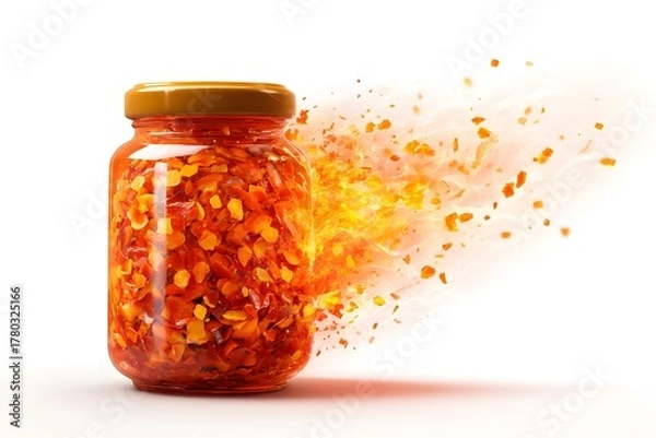 Obraz Vibrant Red Spice Jar With Flying Chili Flakes and Explosive Effect