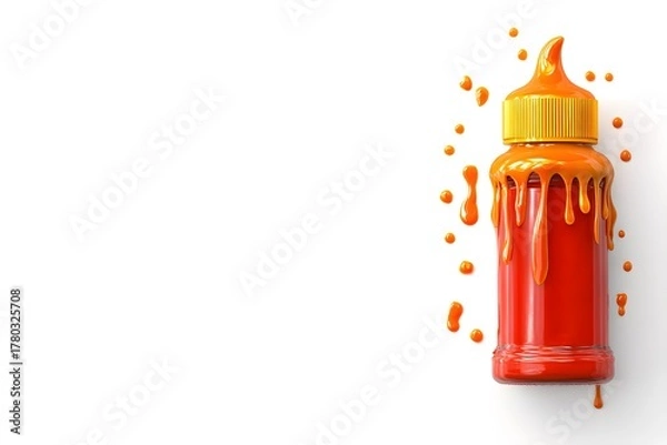 Fototapeta Vibrant Orange Sauce Bottle With Dripping Condiment On White Surface