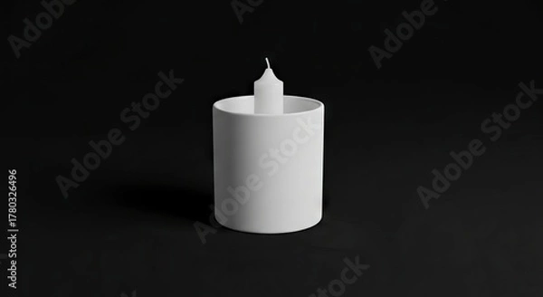 Obraz White candle in a white cylindrical holder on a dark gray surface