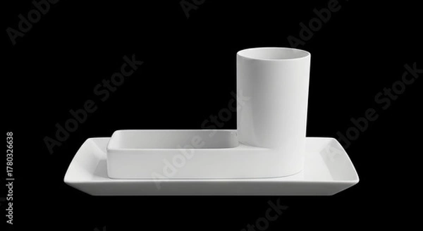Fototapeta White ceramic cup bowl and plate set on black background simple design