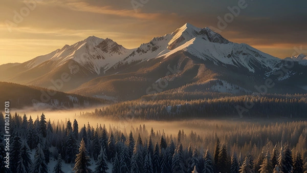 Fototapeta Immense snow-covered mountain peaks observed above a dense layer of atmospheric mist covering the deep coniferous forest. Scenic nature and travel concept