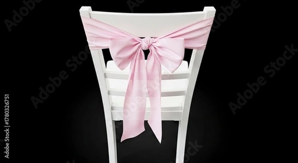 Fototapeta White chair with pink bow centered on a black backdrop