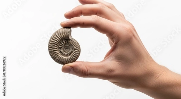Obraz Hand holds fossil showcasing its spiral design