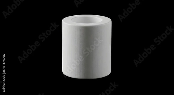 Fototapeta White cylinder with hollow top wood grain texture on black backdrop