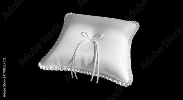 Obraz White cushion with frills tied with white ribbons on a black backdrop
