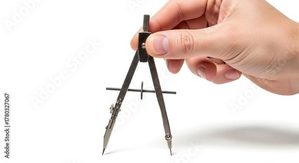 Obraz Hand holds metal compass silver finish legs open sharp tips Shadow visible on white background