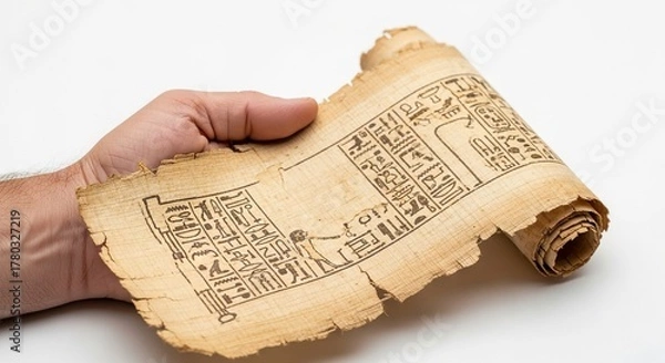 Fototapeta Hand holds rolled papyrus scroll with hieroglyphics against a white background