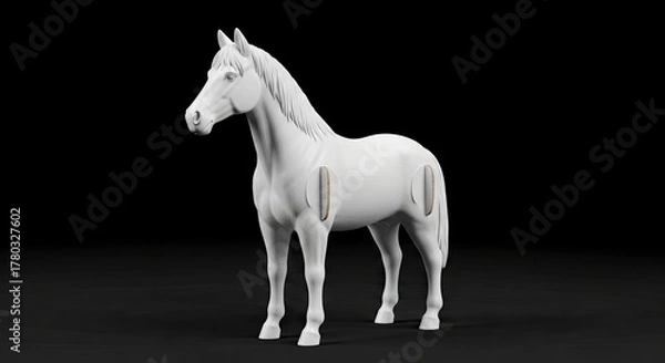 Fototapeta White horse figurine standing with two slots on its side on a black backdrop