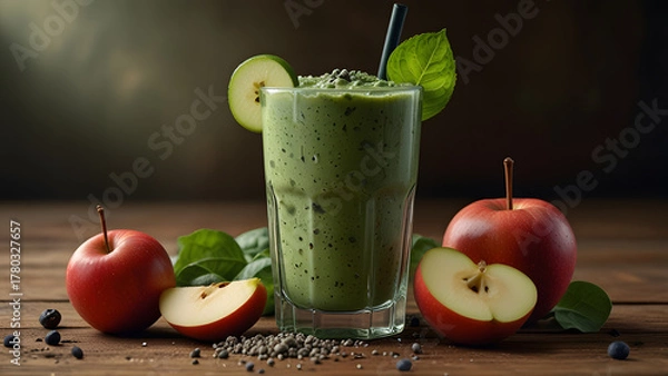Fototapeta Perfectly blended vibrant green smoothie drink glass placed on rustic wooden table with fresh whole and sliced red apples. Health and nutrition concept