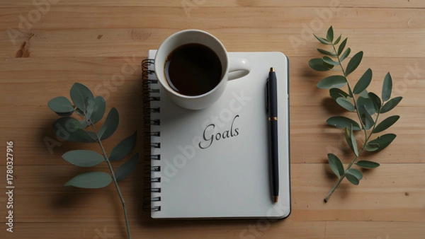 Fototapeta Neutral colored desk setup containing a spiral notebook centered with a "Goals" wreath design and surrounded by warm coffee and vibrant green plants. Productivity and business concept