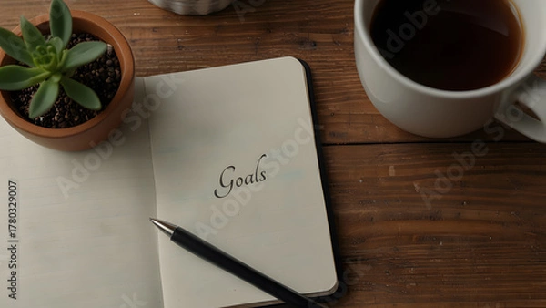 Fototapeta Neutral colored desk setup containing a spiral notebook centered with a "Goals" wreath design and surrounded by warm coffee and vibrant green plants. Productivity and business concept