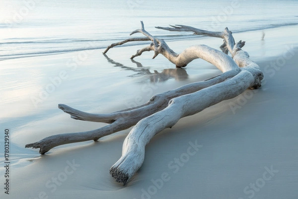 Obraz Driftwood dreamscape on tranquil beach at sunrise, perfect for coastal decor and serene summer vibes, evoking peace and natural beauty with soft pastel colors