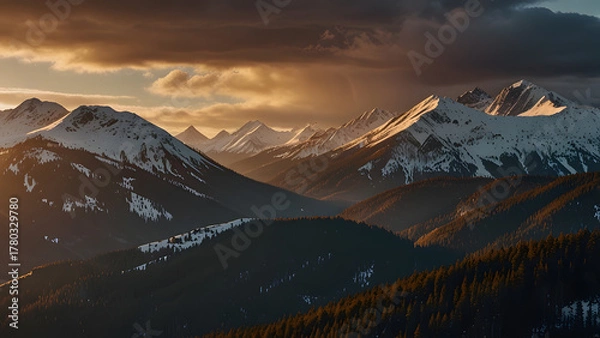 Fototapeta Wide cinematic view of vast snow-covered alpine mountains and dense pine forests, illuminated by the warm, golden light of a spectacular sunset or sunrise. Winter concept