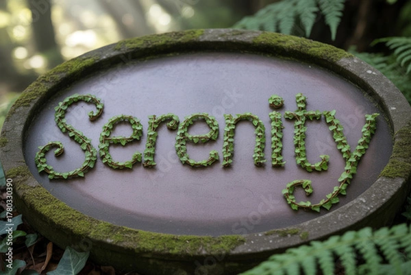 Fototapeta Find your inner peace with this serene nature scene, showcasing a mossy stone sign with the word "Serenity" spelled out in vibrant green vines and lush foliage