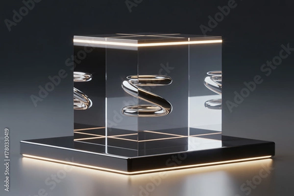 Fototapeta Modern minimalist design with chrome spiral enclosed in illuminated glass cube for striking visual impact, perfect for science, technology, or design concepts
