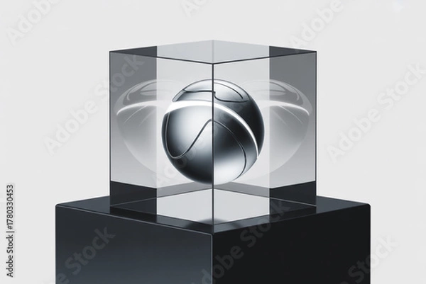 Fototapeta Elegant chrome sphere with glowing accents encased in a clear cube, a modern trophy or award concept for technology, innovation, or exclusive design achievements