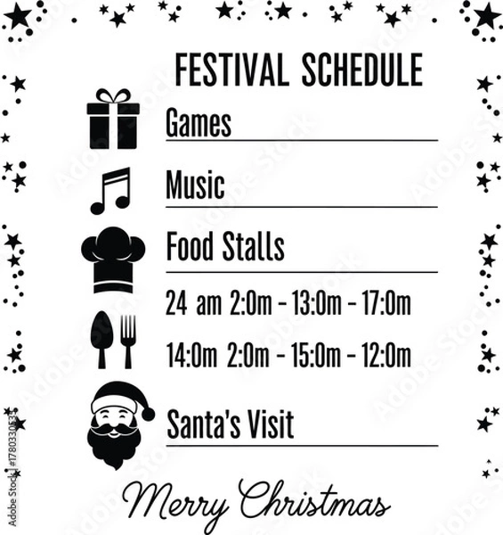 Fototapeta Christmas festival schedule black and white vector design with icons for winter holiday celebration and event program template.